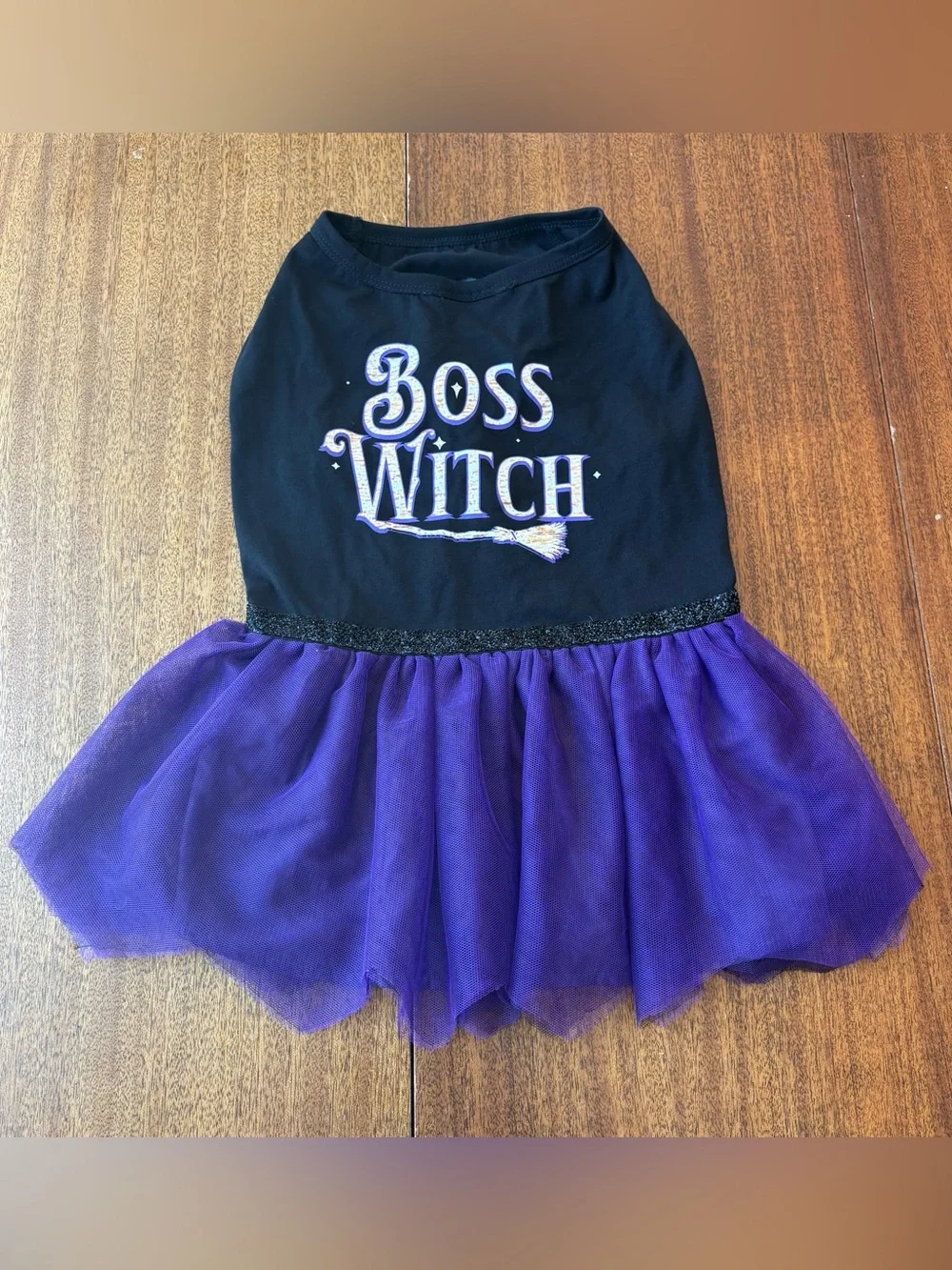 “Boss Witch” Black and Purple Halloween Dog Tulle Dress - Size M